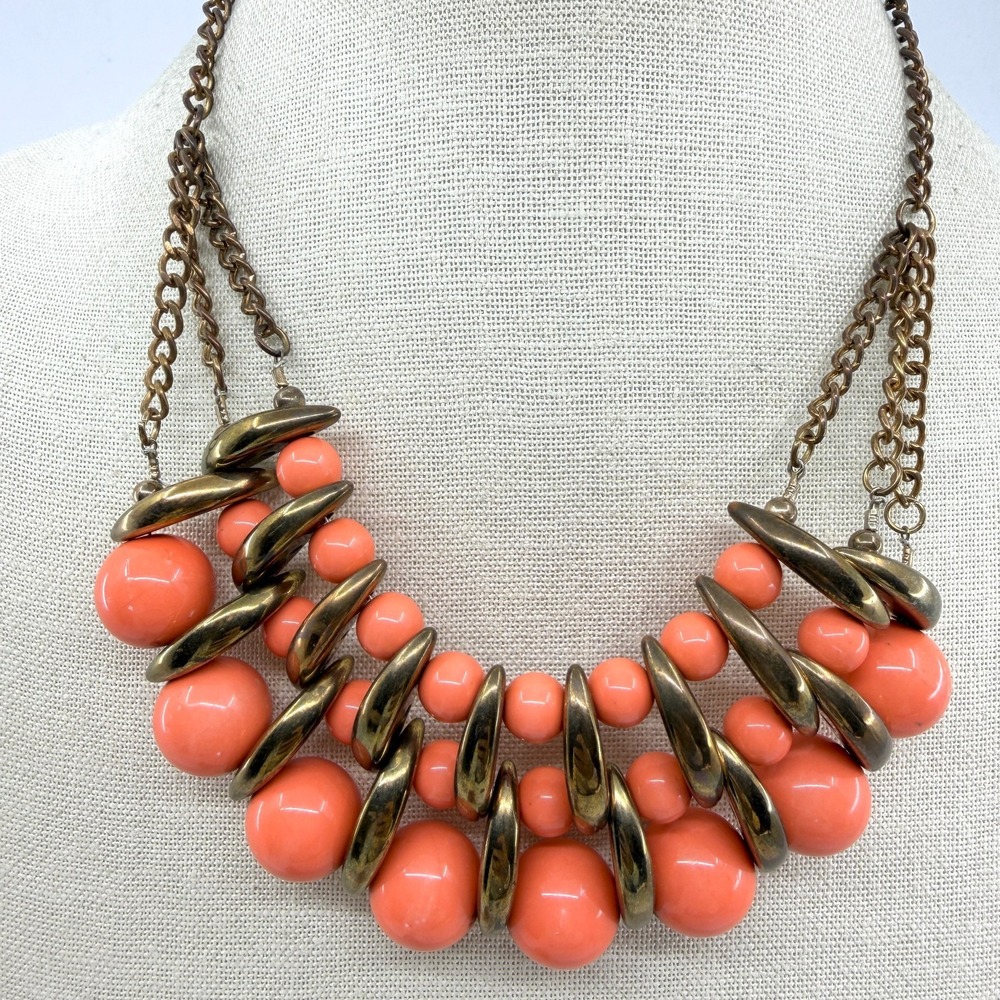 Coral Orange Bead Antique Gold Tone Multi Strand Necklace Chunky Statement Gift
